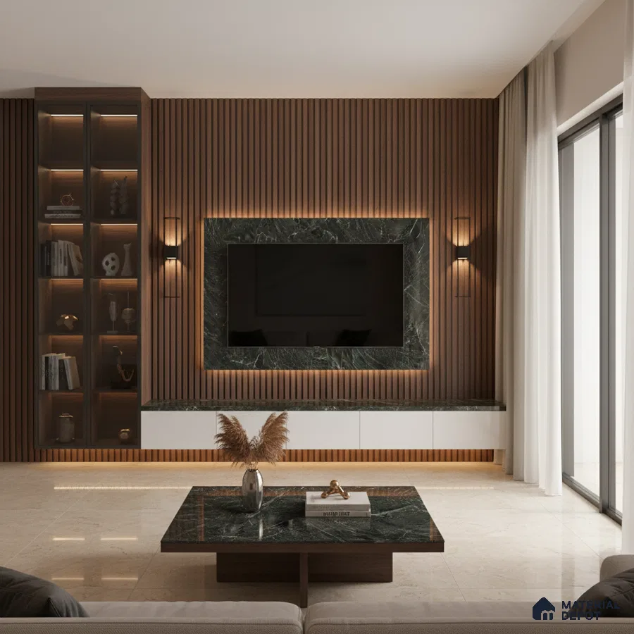 Modern living room with white marble laminate TV unit, walnut brown fluted wall panels, and marble look floor tiles in Bengaluru