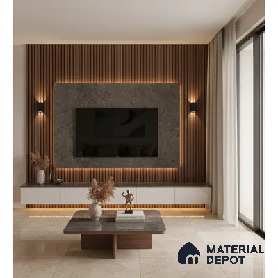 Modern living room with stone accent wall, wooden louvers, and beige marble floor tiles in Bengaluru
