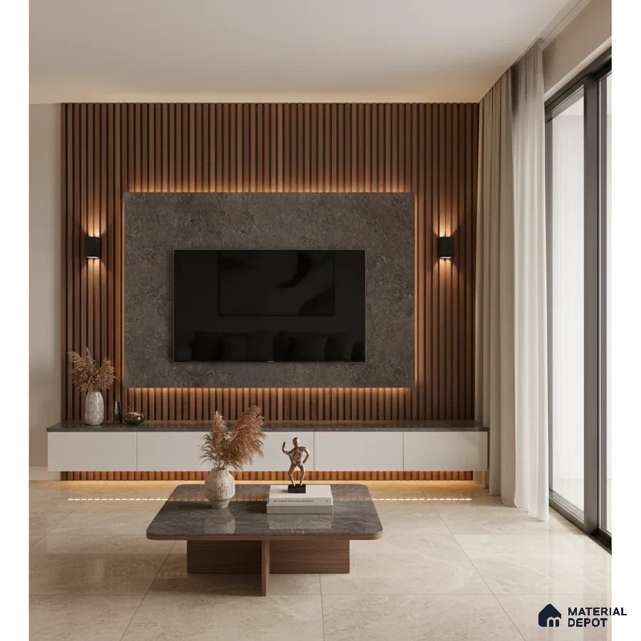 Modern living room with stone accent wall, wooden louvers, and beige marble floor tiles in Bengaluru