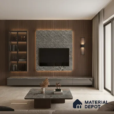 Modern living room with marble-look laminate TV unit, wooden fluted wall panels, and beige marble floor tiles in Bengaluru