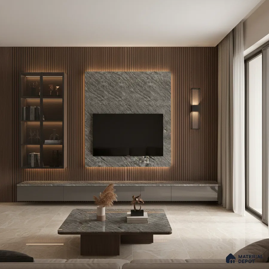 Modern living room with marble-look laminate TV unit, wooden fluted wall panels, and beige marble floor tiles in Bengaluru