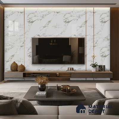 Minimal Living Room with Beige Marble-Look Laminate TV Wall and Wooden Accents | Material Depot