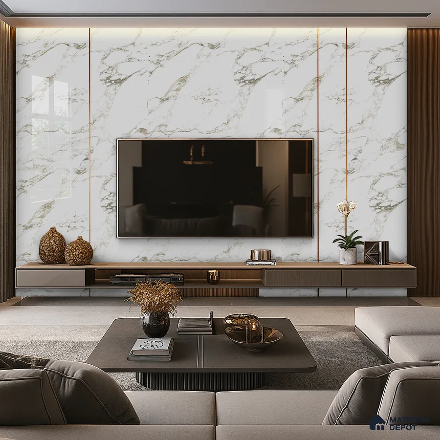 Minimal Living Room with Beige Marble-Look Laminate TV Wall and Wooden Accents | Material Depot