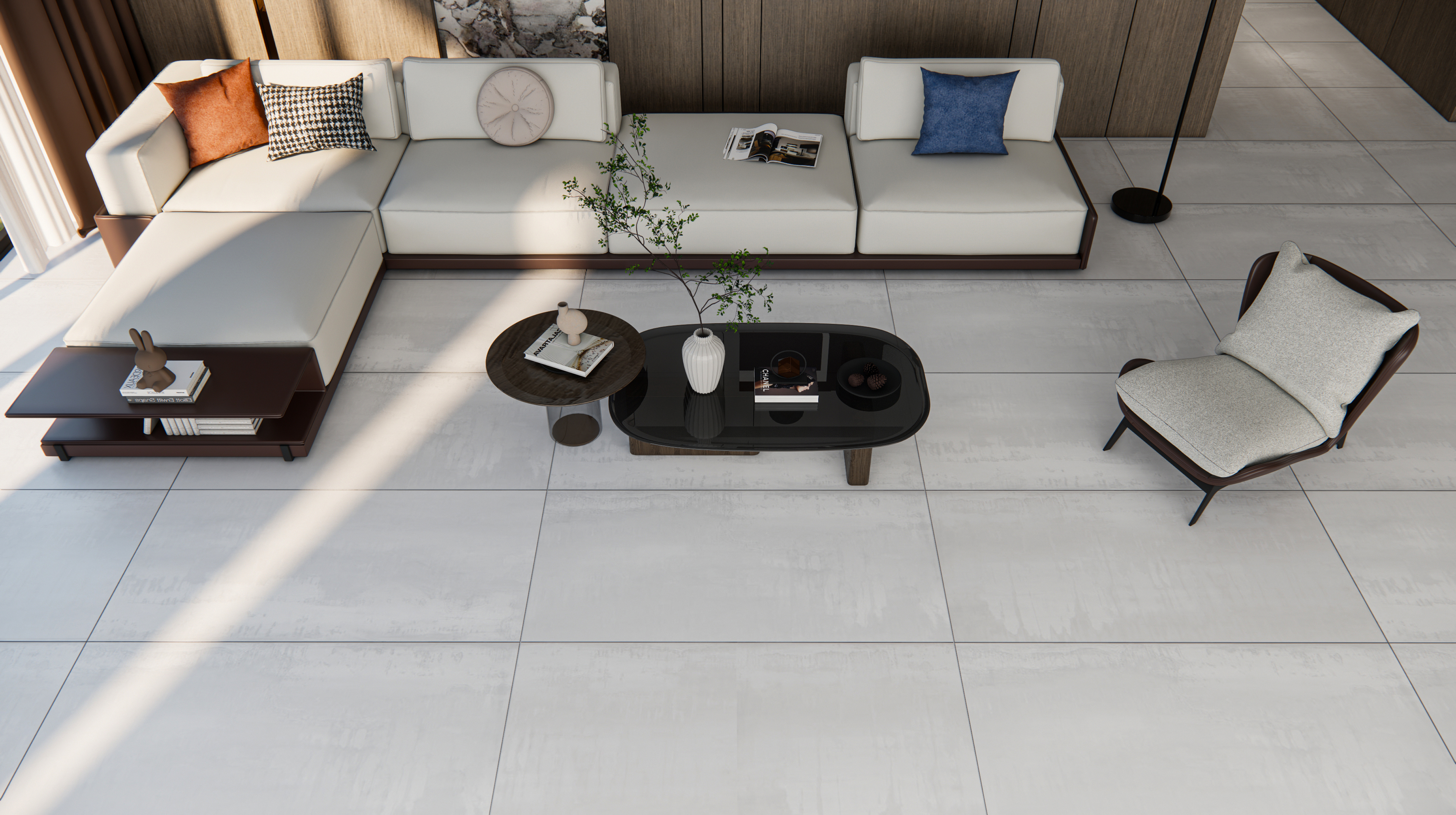 Modern Living Room with White Concrete-Look Flooring and Dark Wood Accents | Material Depot
