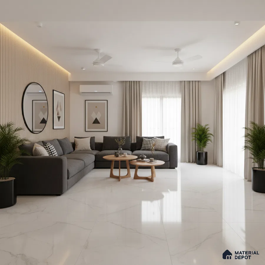 Modern living room with white marble floor tiles and beige fluted wall panels in Bengaluru