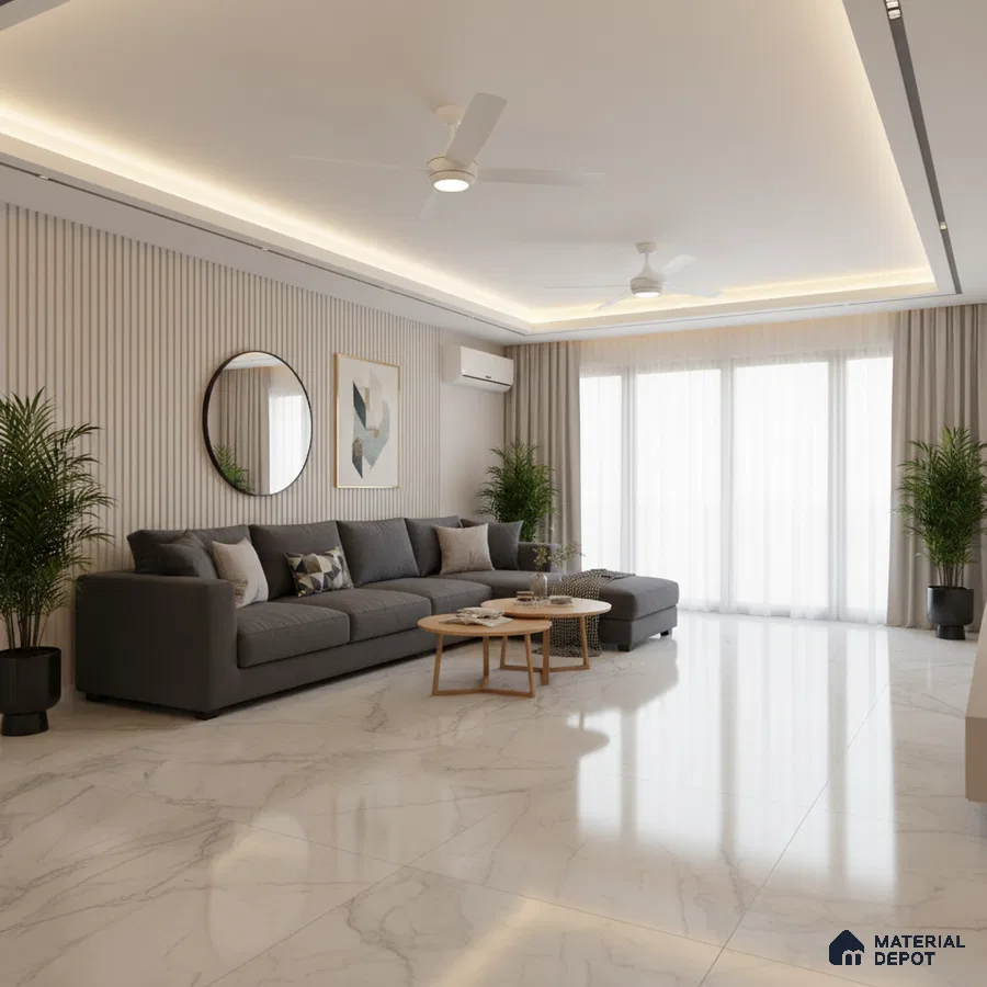 Modern living room with white marble floor tiles and beige fluted wall panels in Bengaluru