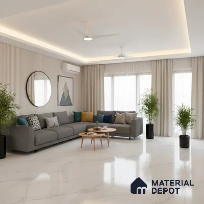 Modern living room with white marble floor tiles and fluted wall panels in Bengaluru