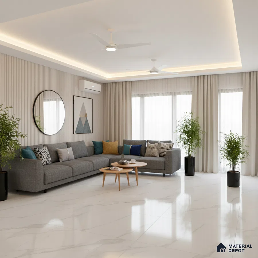 Modern living room with white marble floor tiles and fluted wall panels in Bengaluru