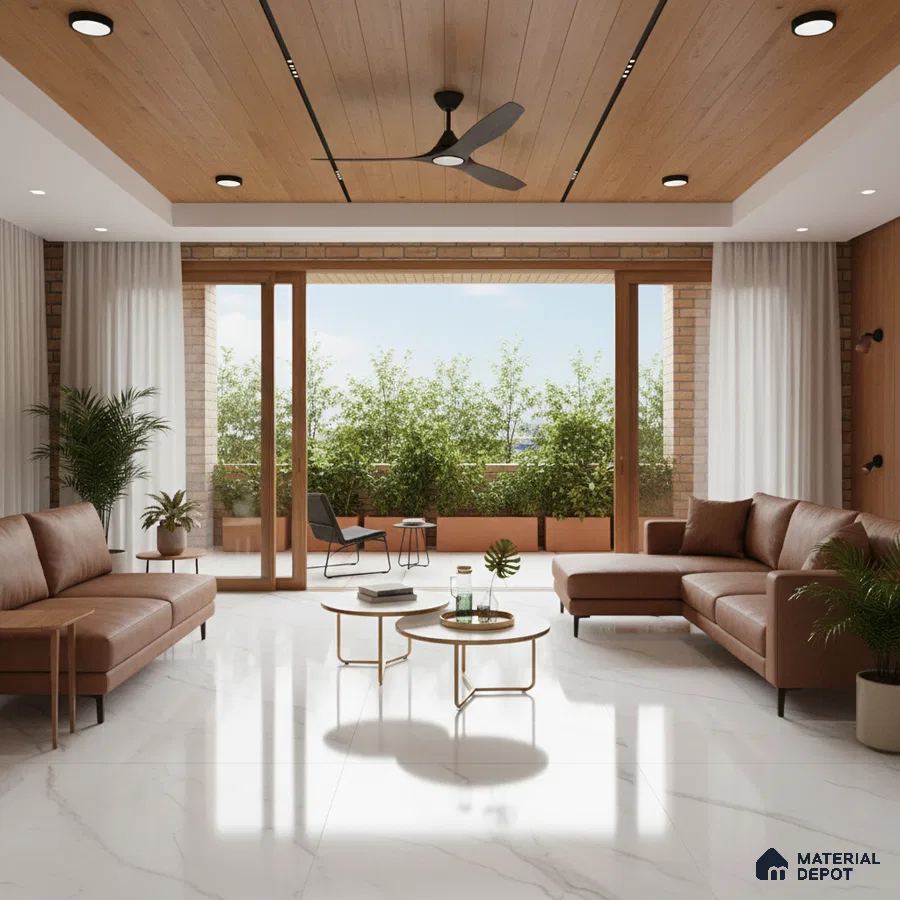 Modern living room with white marble floor tiles and oak wood ceiling panels in Bengaluru