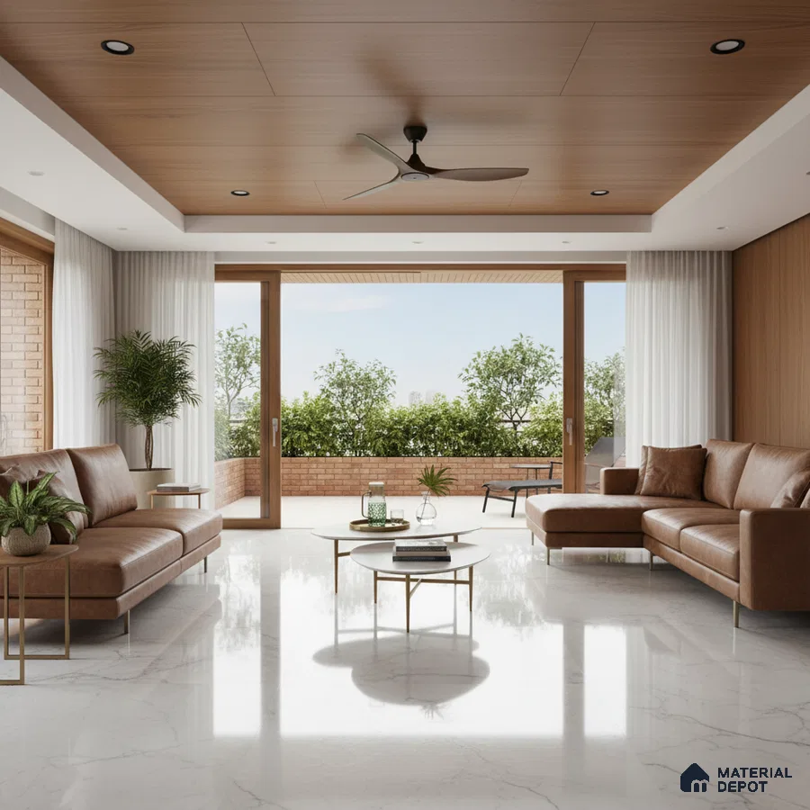 Modern living room with white marble floor tiles, walnut wood ceiling, and tan leather sofas in Bengaluru
