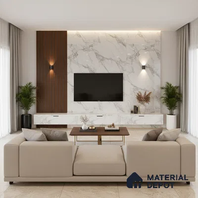 Modern living room with brown wood louvers, grey marble laminate TV unit, and beige marble floor tiles in Bengaluru