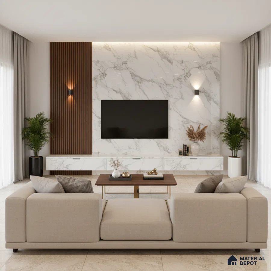 Modern living room with brown wood louvers, grey marble laminate TV unit, and beige marble floor tiles in Bengaluru