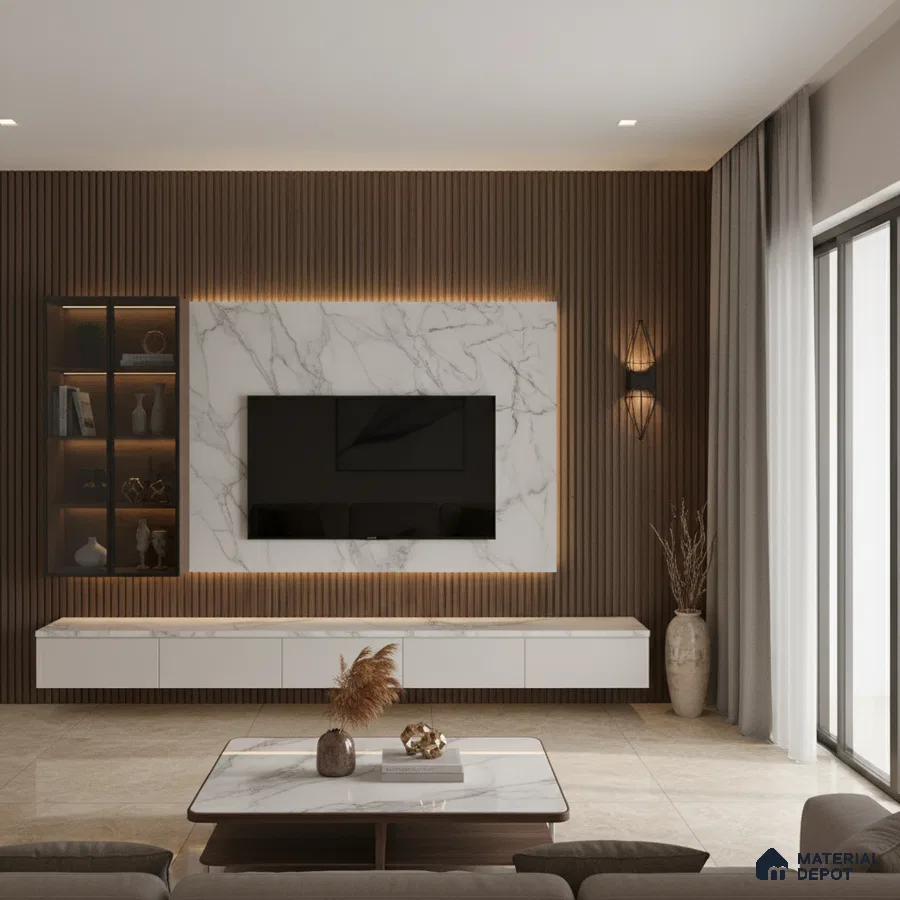 Modern living room with marble-look TV wall, wooden louvers, and beige floor tiles in Bengaluru