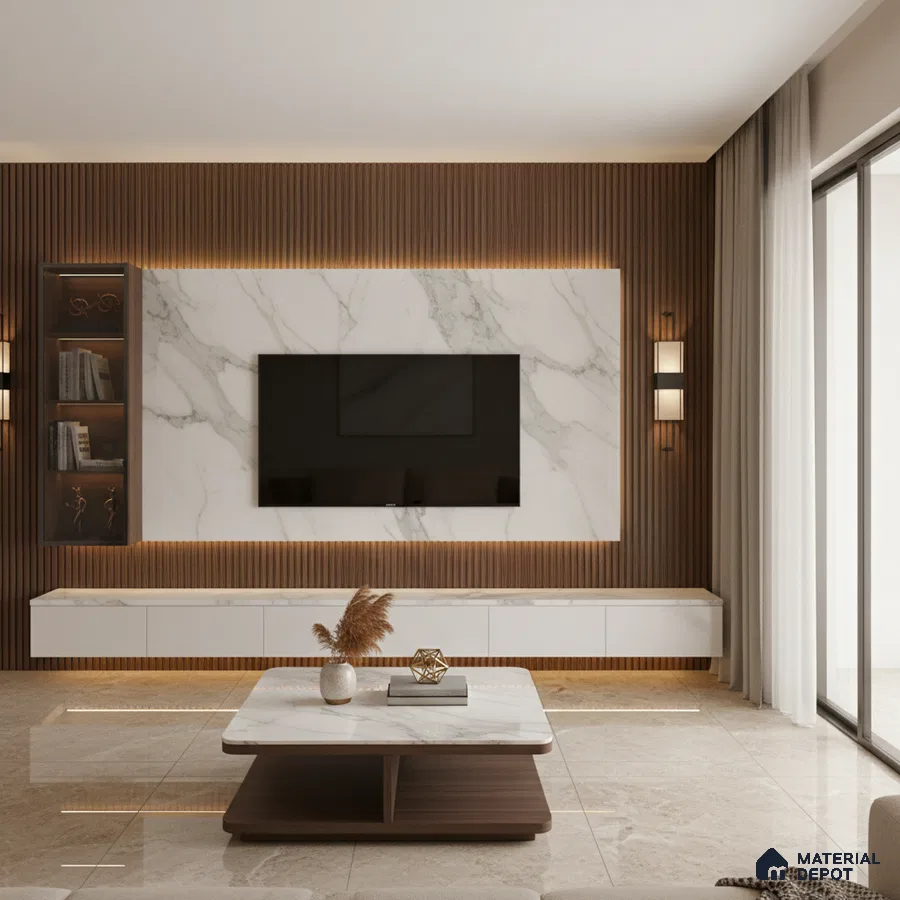 Modern living room with beige marble laminate TV unit, wooden fluted wall panels, and marble floor tiles in Bengaluru