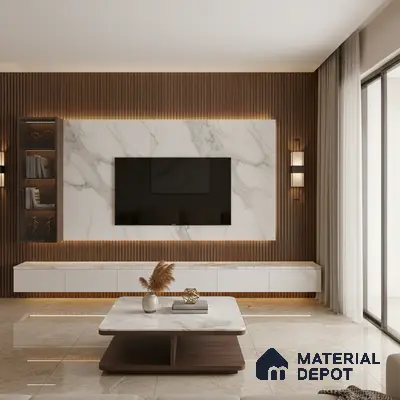 Modern living room with beige marble laminate TV unit, wooden fluted wall panels, and marble floor tiles in Bengaluru
