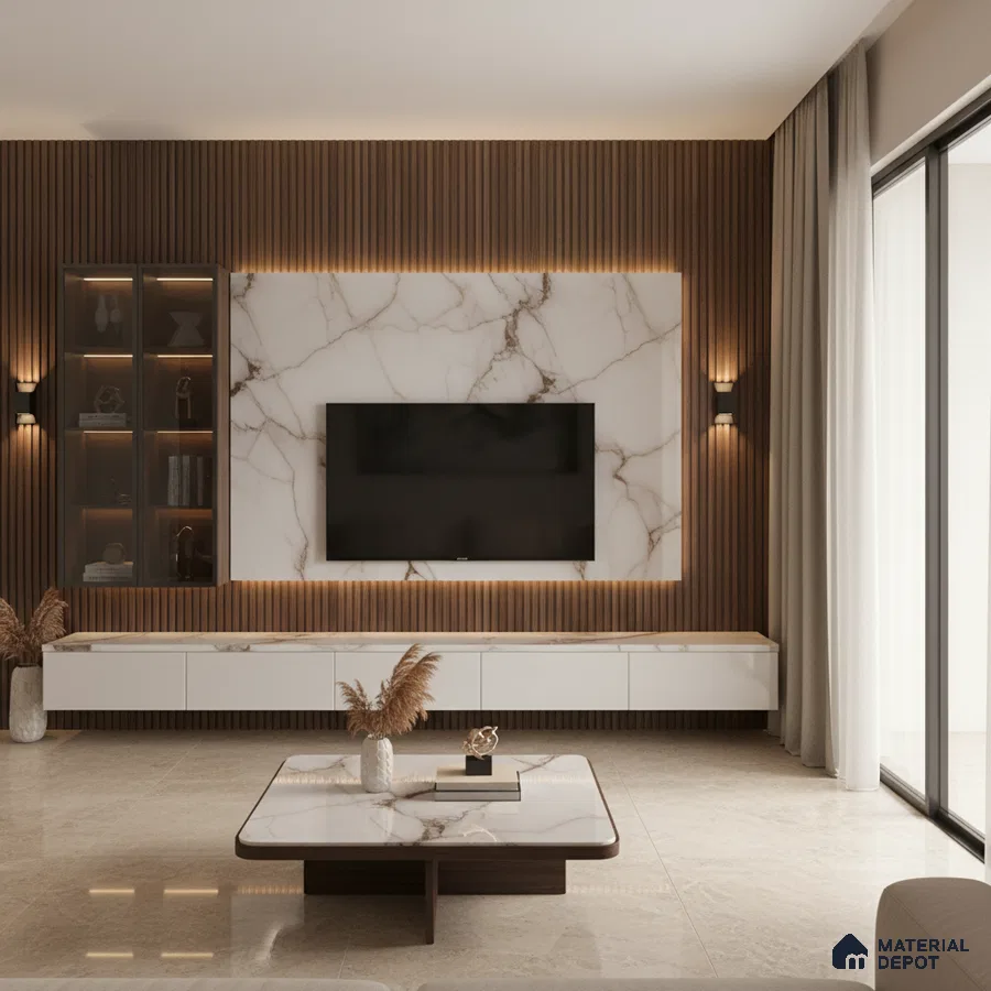 Modern living room with marble-look laminate TV wall, wooden fluted panels, and beige marble floor tiles in Bengaluru