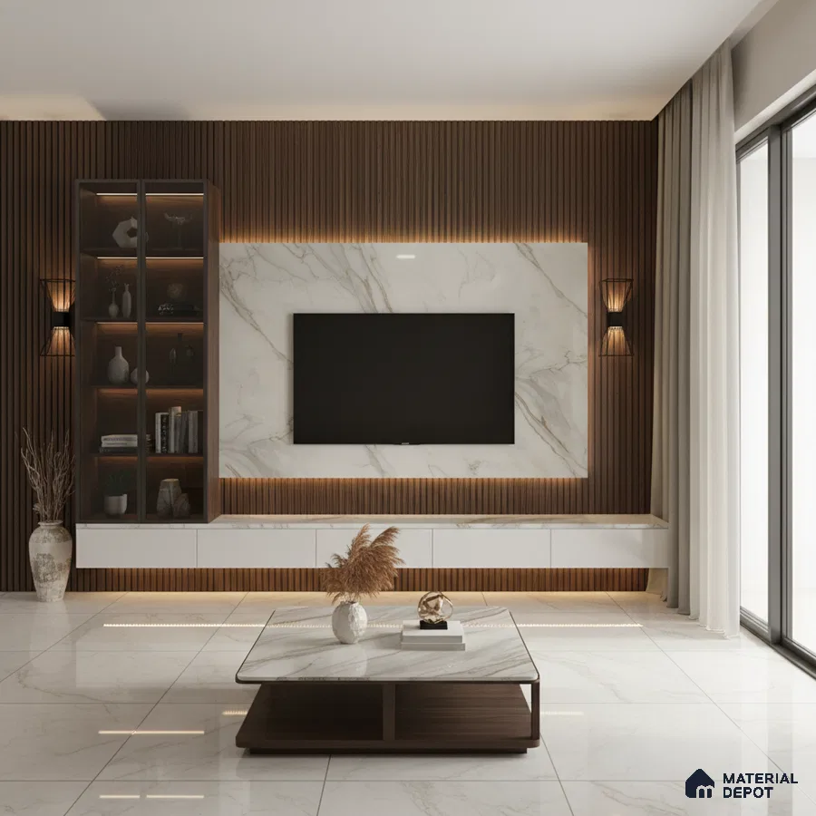 Modern living room with marble-look laminate TV unit, wooden fluted wall panels, and beige marble floor tiles in Bengaluru