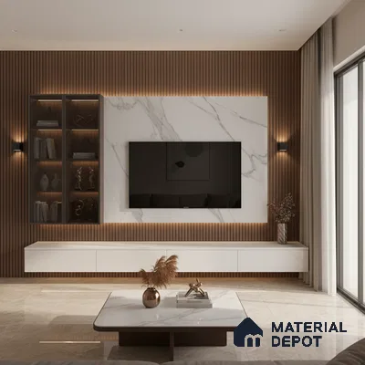 Modern TV unit with blue-grey marble laminate, walnut wood fluted panels, and beige marble floor tile in Bengaluru