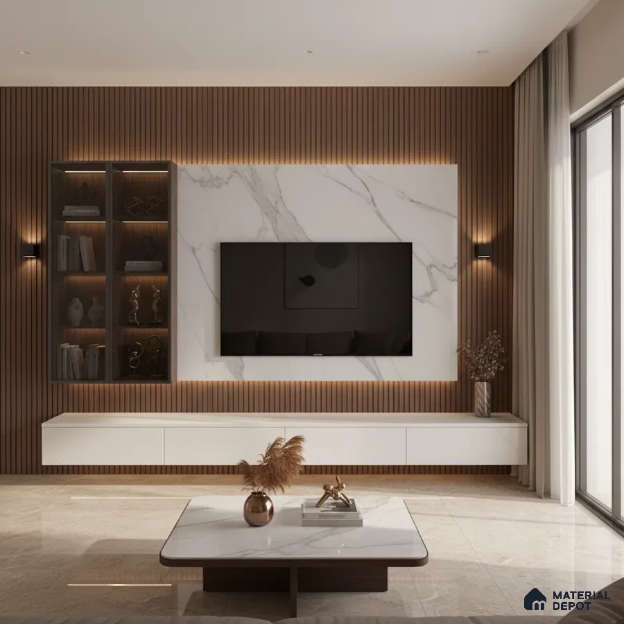 Modern TV unit with blue-grey marble laminate, walnut wood fluted panels, and beige marble floor tile in Bengaluru