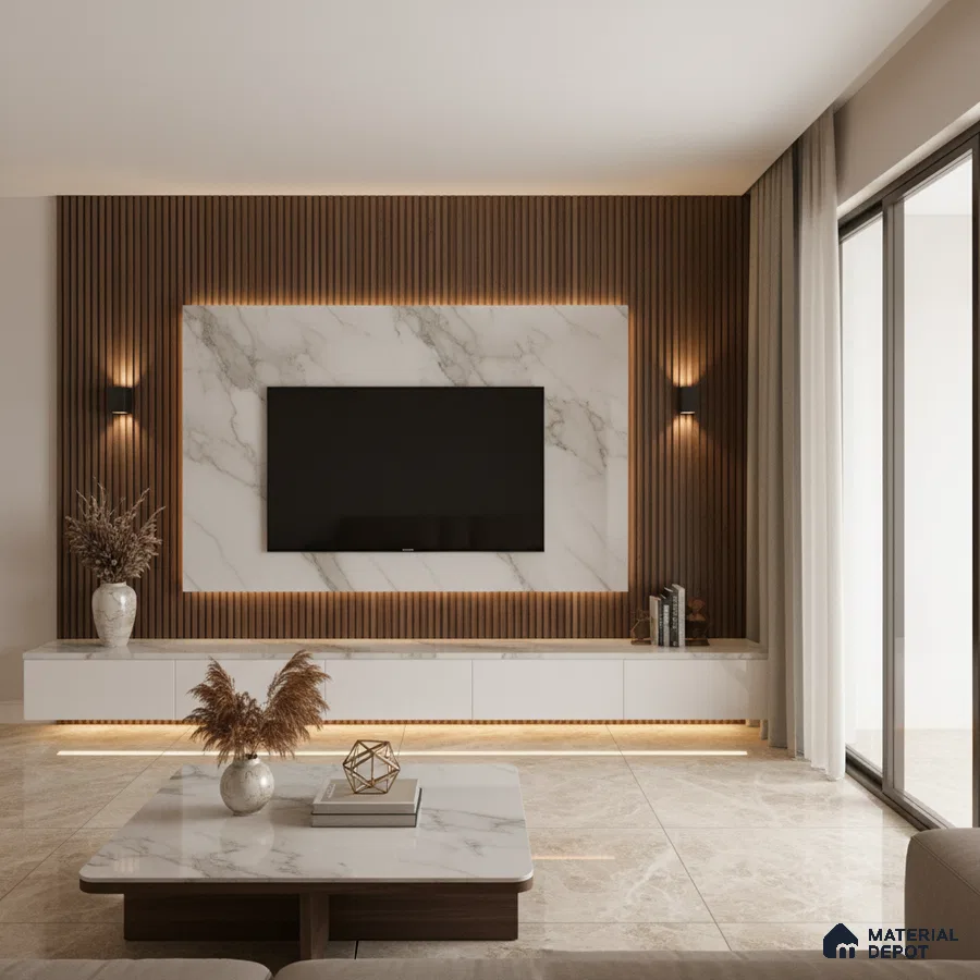 Modern living room with black marble-look laminate TV unit and walnut brown fluted wall panels in Bengaluru