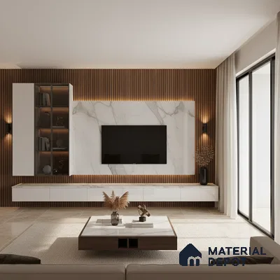 Modern living room with white marble laminate TV wall and walnut brown fluted panels in Bengaluru