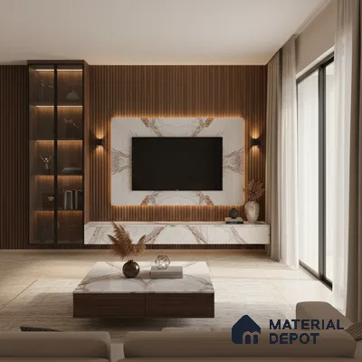 Modern living room with bookmatch marble laminate TV unit, wooden fluted wall panels, and beige marble floor tiles in Bengaluru