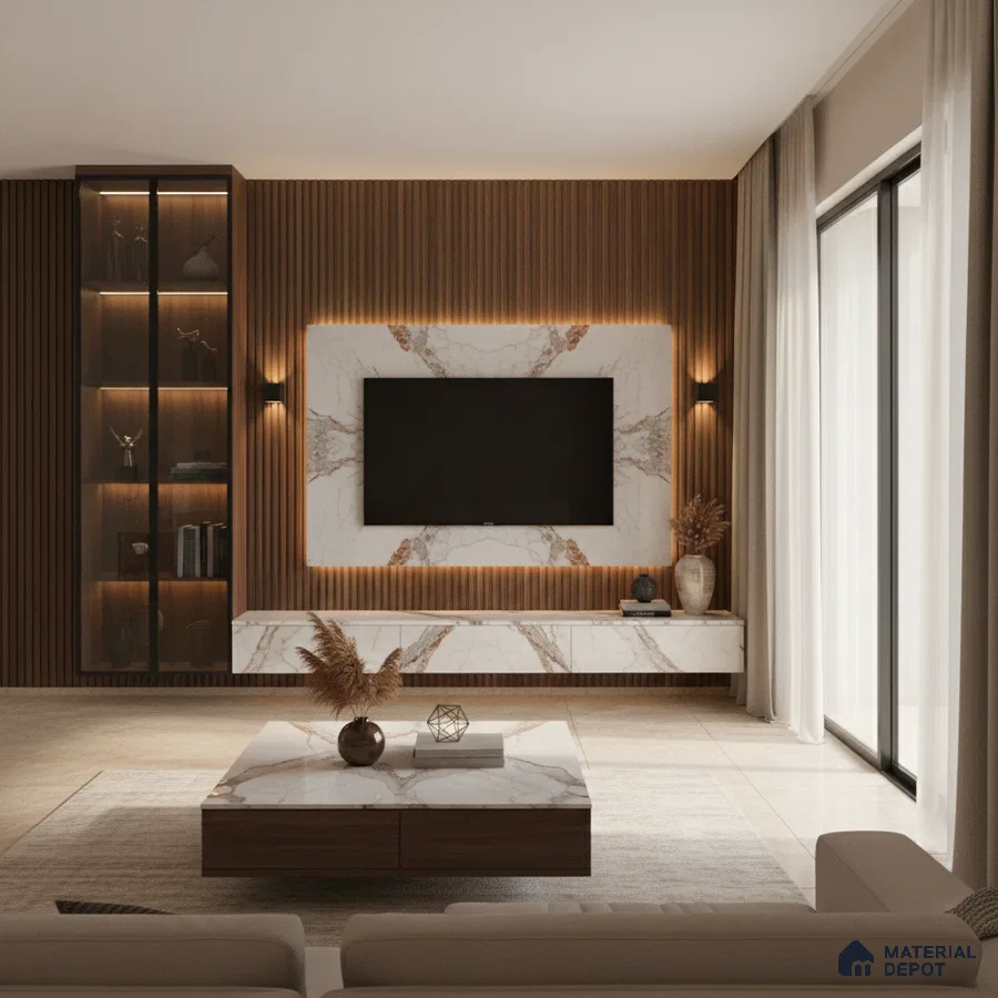 Modern living room with bookmatch marble laminate TV unit, wooden fluted wall panels, and beige marble floor tiles in Bengaluru