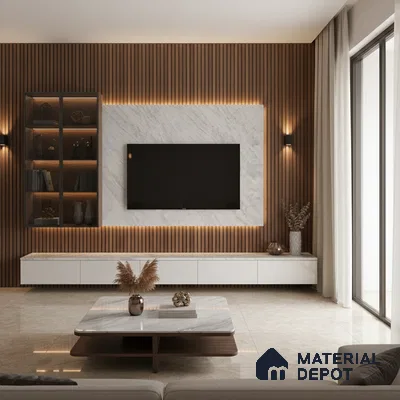 Modern TV unit with walnut fluted wall panels and grey marble laminate accent in Bengaluru