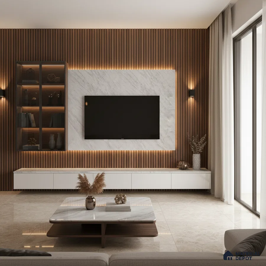 Modern TV unit with walnut fluted wall panels and grey marble laminate accent in Bengaluru