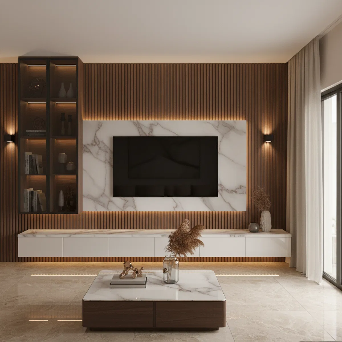 Modern living room with white marble laminate TV unit, walnut wood ...