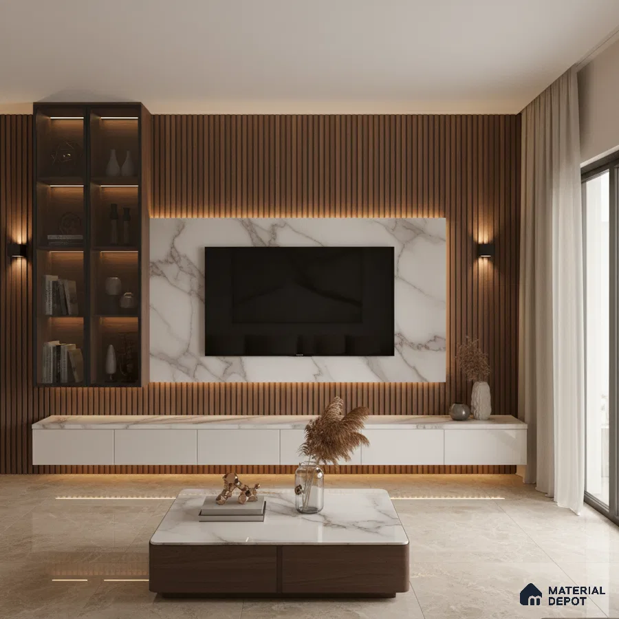 Modern living room with marble laminate TV unit, wooden fluted wall panels, and beige floor tiles in Bengaluru