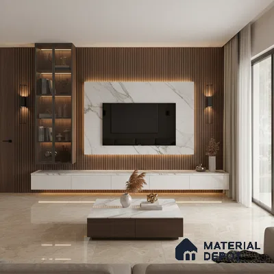 Modern living room with beige marble laminate TV unit, wooden fluted wall panels, and marble floor tiles in Bengaluru