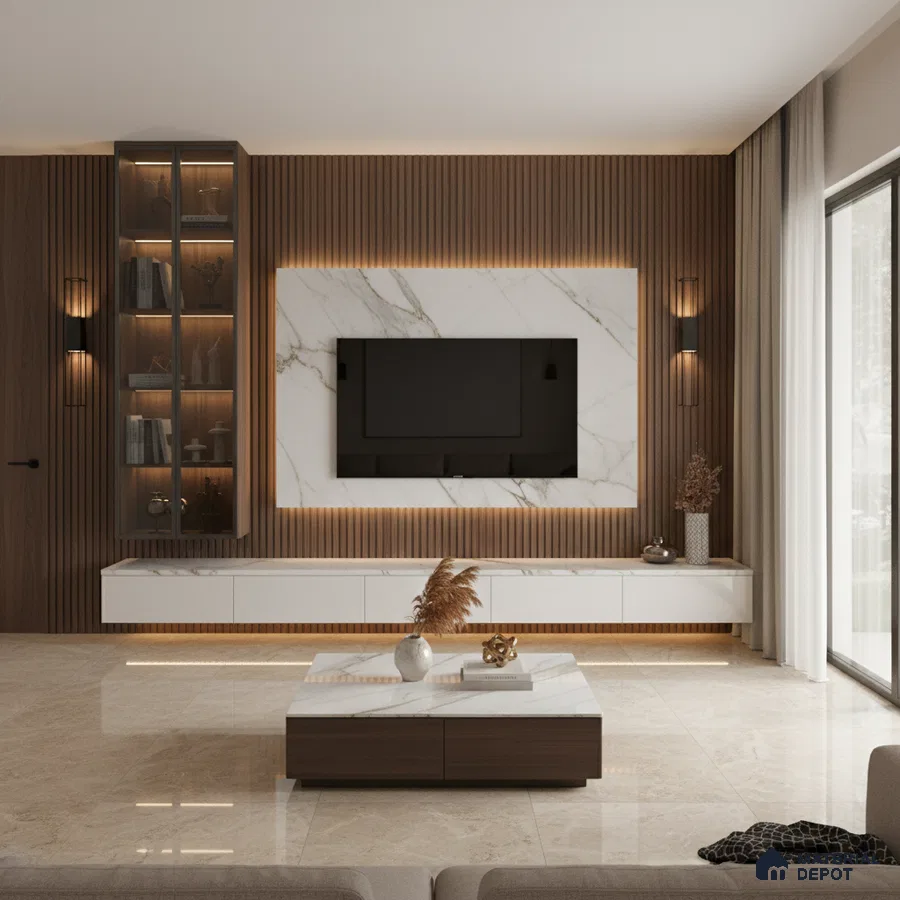 Modern living room with beige marble laminate TV unit, wooden fluted wall panels, and marble floor tiles in Bengaluru