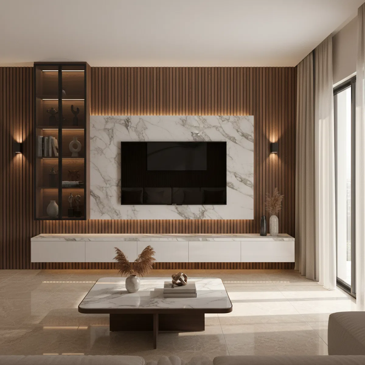Modern living room with white marble laminate TV unit, walnut wood ...