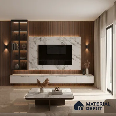 Modern living room with green marble-look laminate TV wall, walnut wood louvers, and beige marble floor tiles in Bengaluru