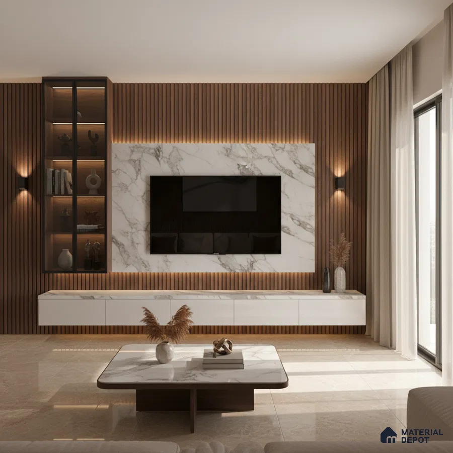 Modern living room with green marble-look laminate TV wall, walnut wood louvers, and beige marble floor tiles in Bengaluru
