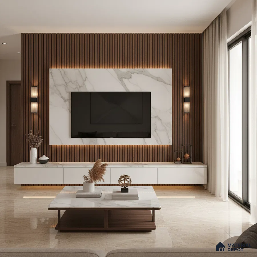 Modern living room with grey marble laminate TV wall, wooden louvers, and beige marble floor tiles in Bengaluru