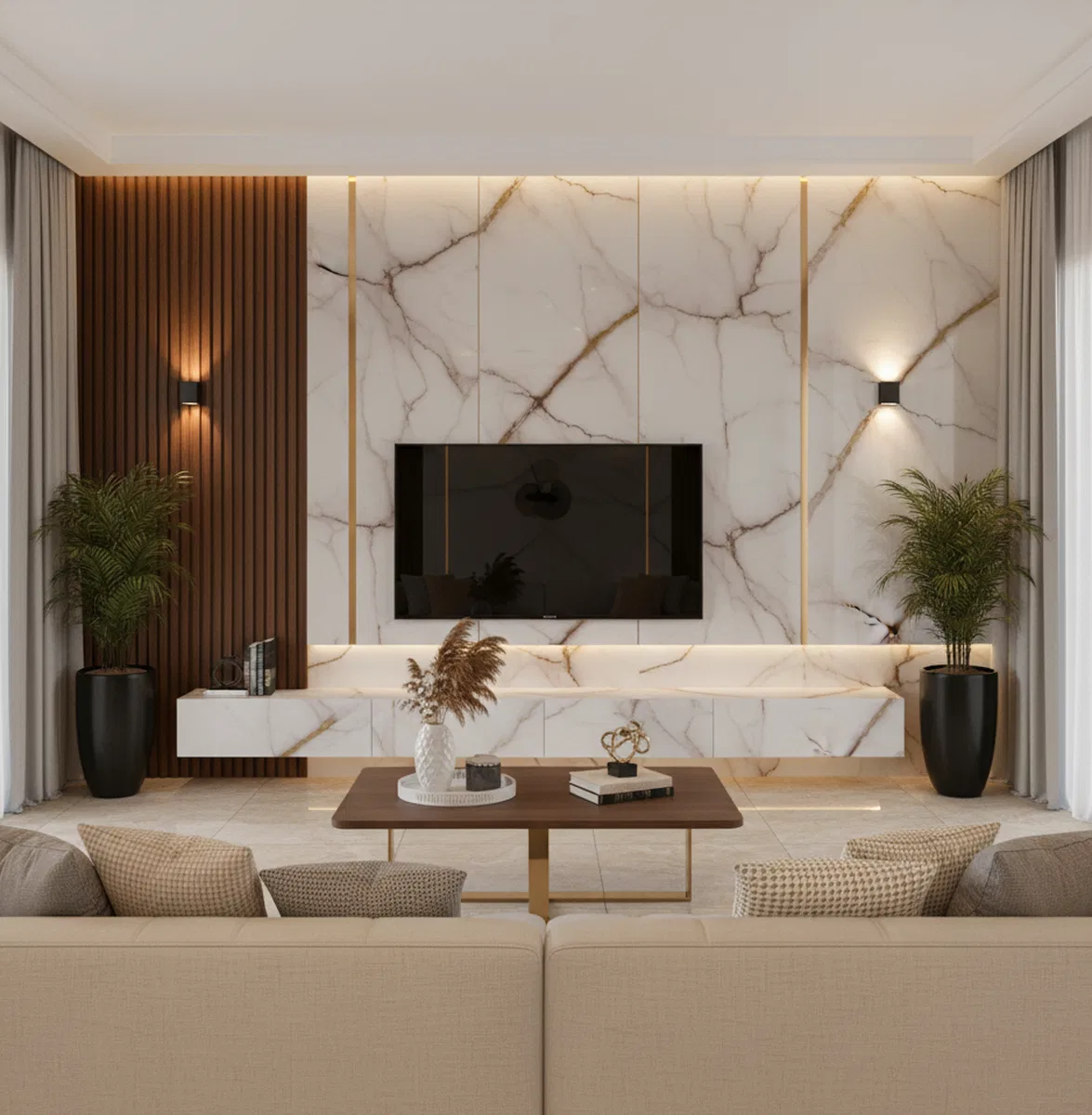 Modern living room with white marble laminate TV unit, walnut wood ...