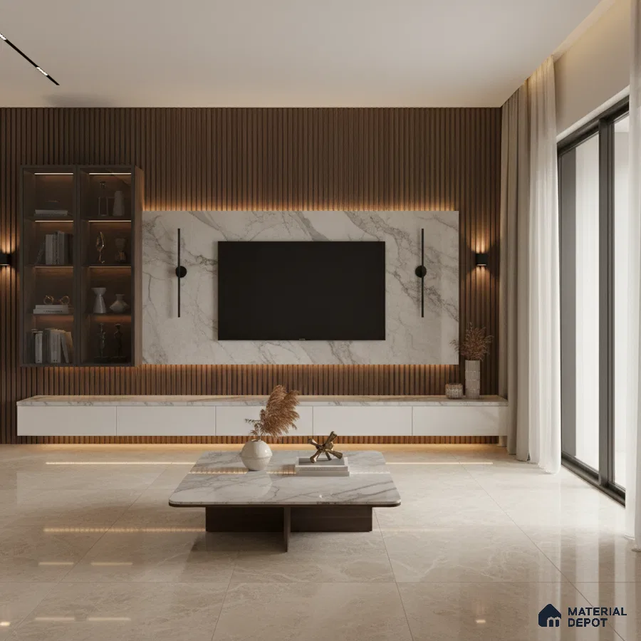 Modern living room with grey stone accent wall, wooden louvers, and beige marble floor tiles in Bengaluru