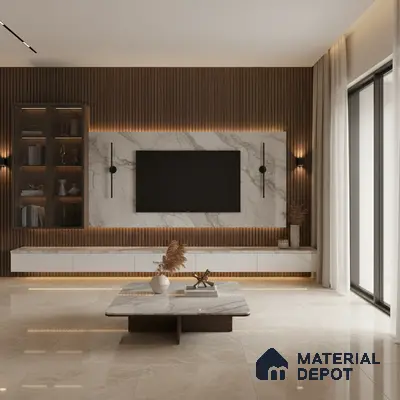 Modern living room with grey stone accent wall, wooden louvers, and beige marble floor tiles in Bengaluru