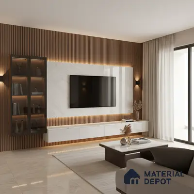 Modern living room with white marble laminate TV wall and walnut wood fluted panels in Bengaluru