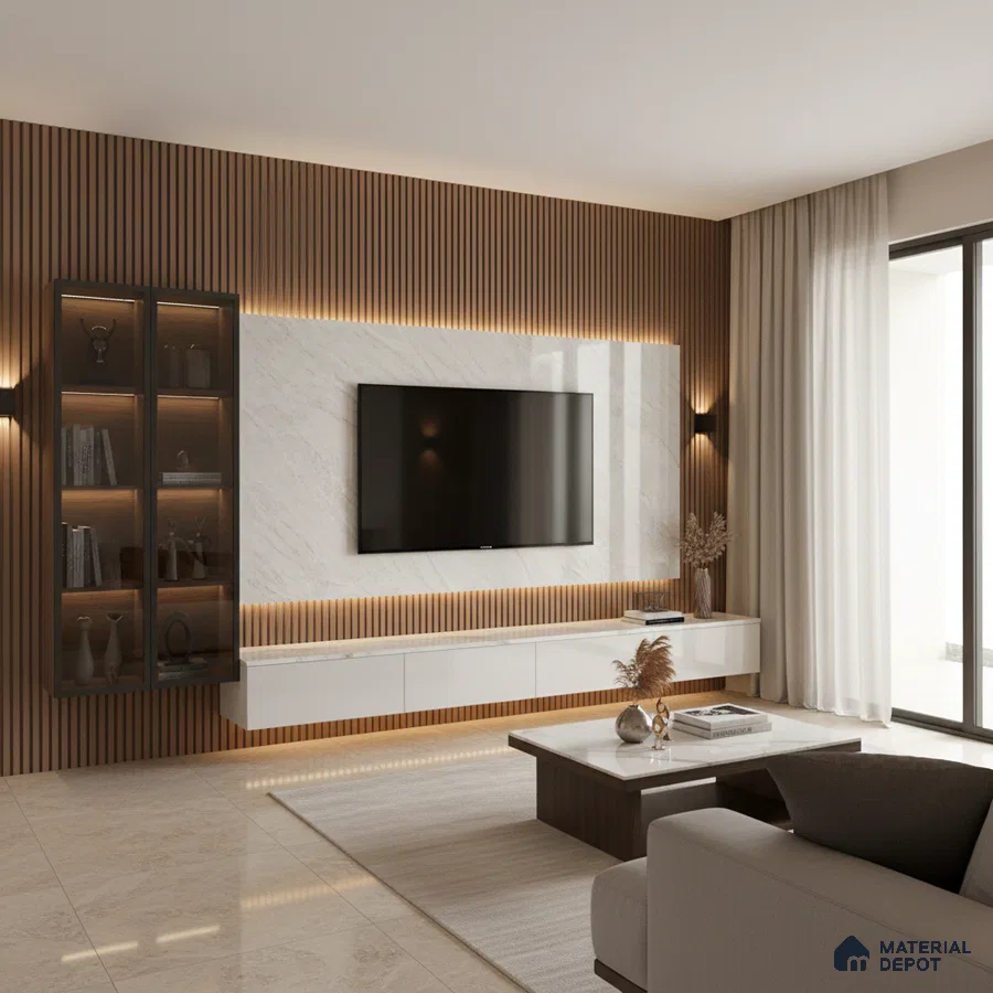 Modern living room with white marble laminate TV wall and walnut wood fluted panels in Bengaluru
