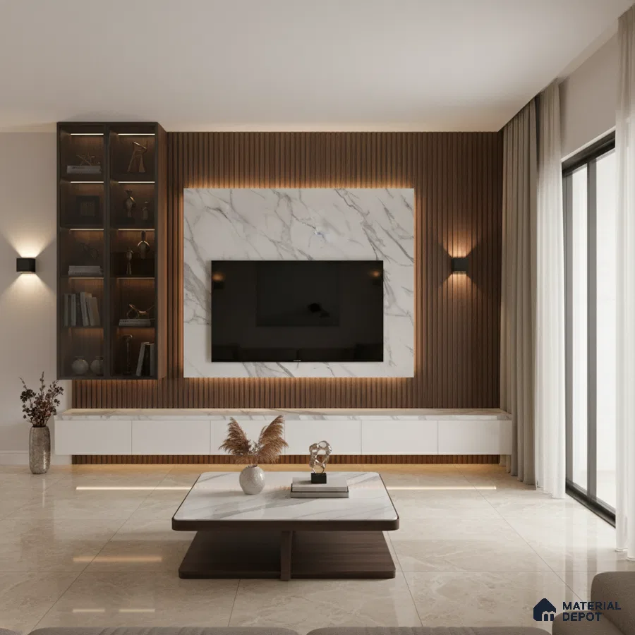 Modern living room with marble laminate TV wall, wooden fluted panels, and beige marble floor tiles in Bengaluru
