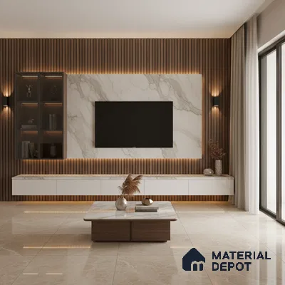 Modern living room with white marble laminate TV unit, walnut wood louvers, and beige marble floor tiles in Bengaluru