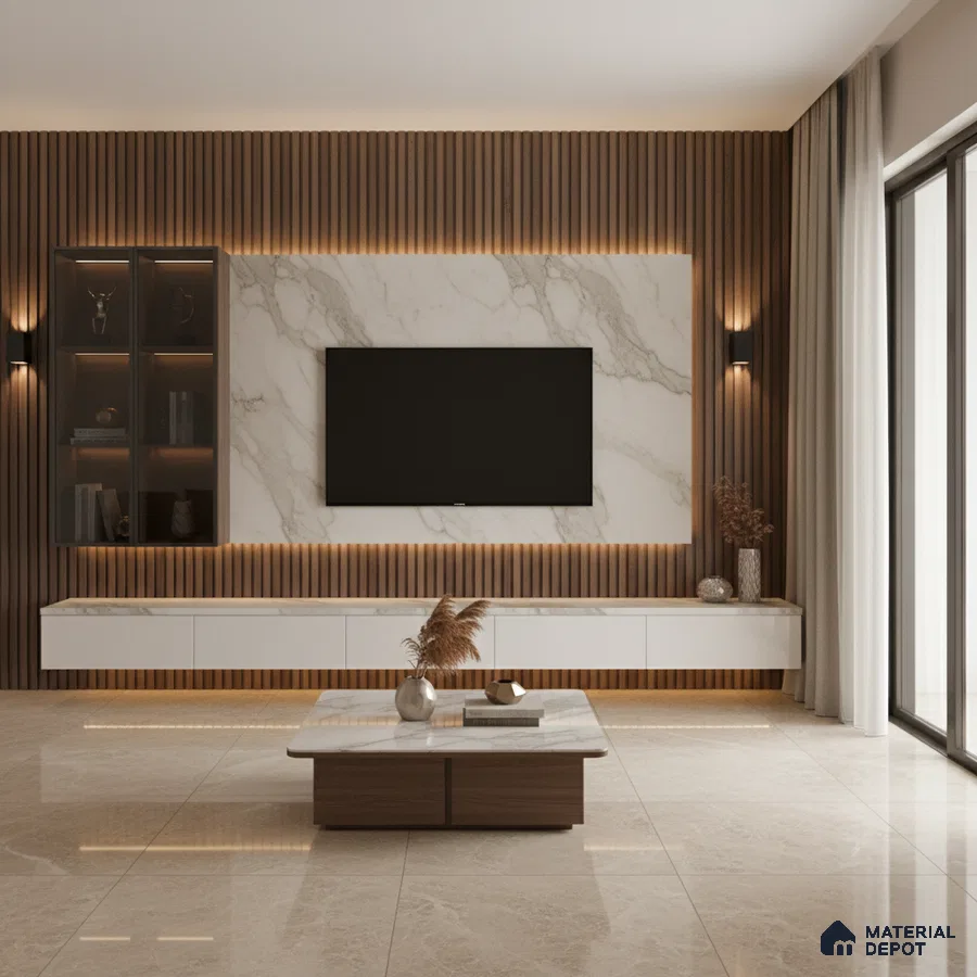 Modern living room with white marble laminate TV unit, walnut wood louvers, and beige marble floor tiles in Bengaluru