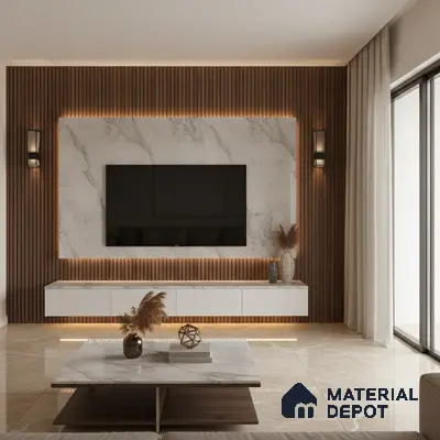Modern living room with white marble laminate TV unit, walnut brown fluted panels, and beige marble floor tiles in Bengaluru