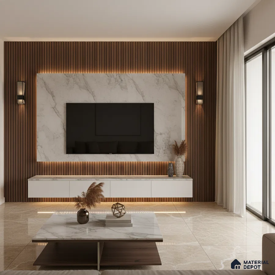 Modern living room with white marble laminate TV unit, walnut brown fluted panels, and beige marble floor tiles in Bengaluru