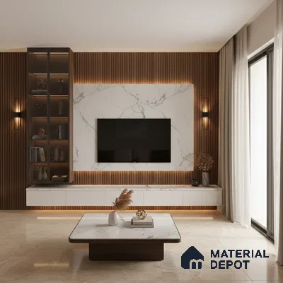 Modern living room with white marble laminate TV unit, walnut wood louvers, and marble floor tiles in Bengaluru