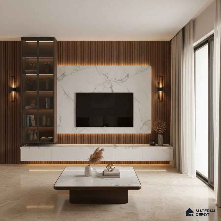 Modern living room with white marble laminate TV unit, walnut wood louvers, and marble floor tiles in Bengaluru