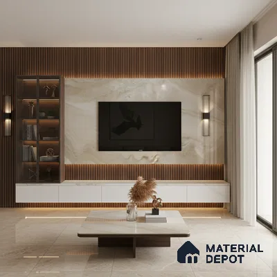Modern living room with brown marble laminate TV unit, walnut wood fluted wall panels, and beige botticino floor tiles in Bengaluru